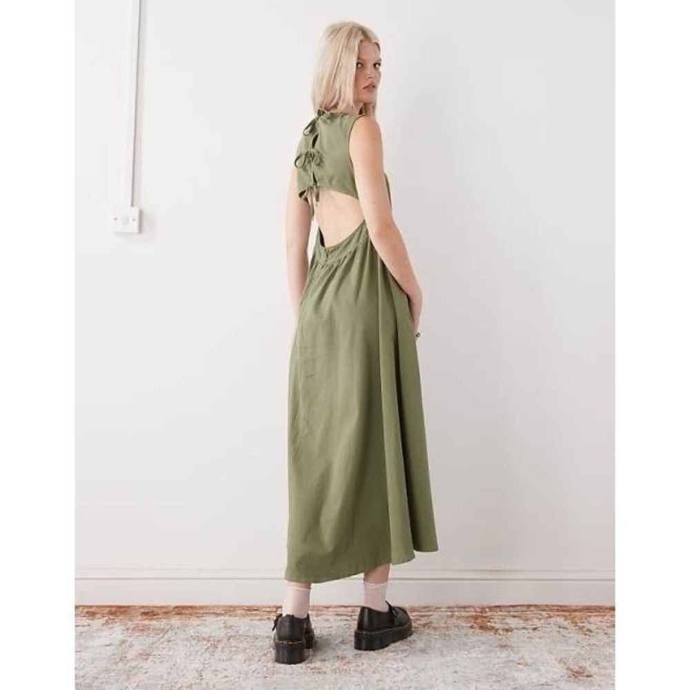 Reclaimed Vintage Olive Green Back Denim Midi Dress Boho Cottage Cotton Large